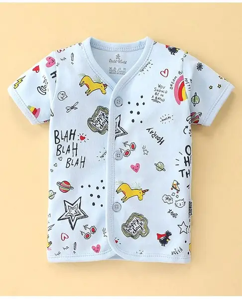 Child World Interlock Knit Half Sleeves Vest Unicorn Print - Sky Blue