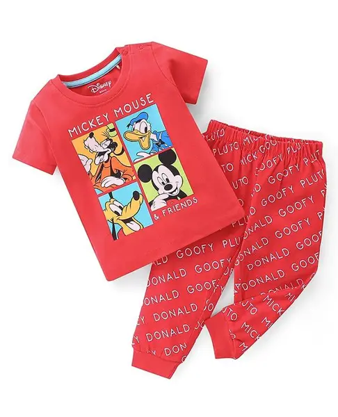 Babyhug Disney Cotton Knit Half Sleeves Night Suit with Mickey Mouse Family Print - Red