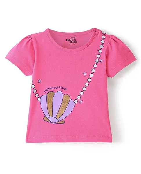 Doodle Poodle 100% Cotton Knit Half Sleeves  Top with Sea Shell Print - Pink Cosmos