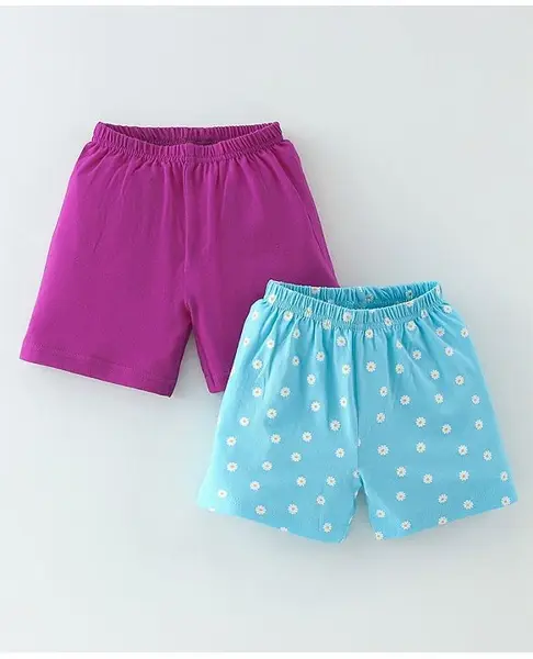 BUMZEE Pack Of 2 Floral Printed & Solid Shorts - Sky Blue & Pink