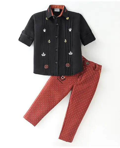 Dapper Dudes Full Sleeves  Anchor Embroidered Shirt With Abstract Printed Pant - Black