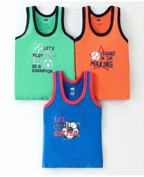 Simply Sinker Sleeveless Game Theme Printed Vests Pack of 3 - Deep Blue Orange & Green