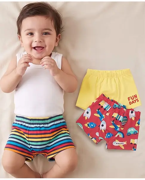 Babyhug 100% Cotton Knit  Antibacterial Briefs  Striped Text & Aeroplane Print Pack of 3 - Multicolour