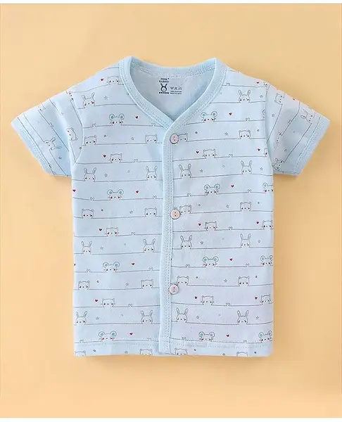 Pink Rabbit Single Jersey Half Sleeves Vest with Animals Print - Blue