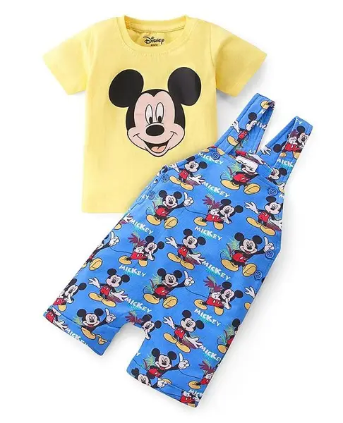 Babyhug Disney Single Jersey Knit  Dungaree with Half Sleeve T-Shirt  & Mickey Mouse  Print - Yellow & Blue