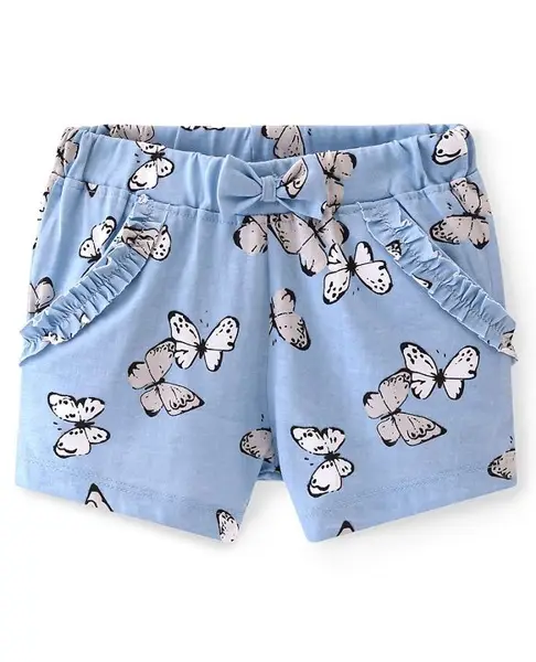 Babyhug Cotton Knit Single Jersey Mid Thigh Shorts With Butterfly Print - Blue