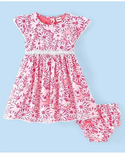 Babyhug 100% Cotton Woven Cap Sleeves Frock With Bloomer Floral Print - Lilac