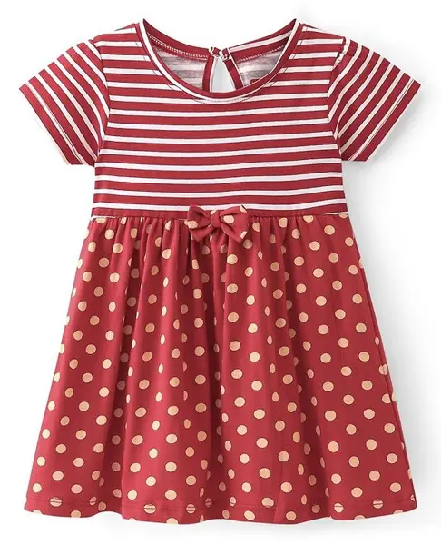Babyhug 100% Cotton Knit Half Sleeves Frock with Stripes & Polka Dot Print - Red
