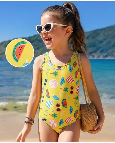 ROVARS V Cut Swimsuit Sleeveless  Beach Theme Print - Yellow