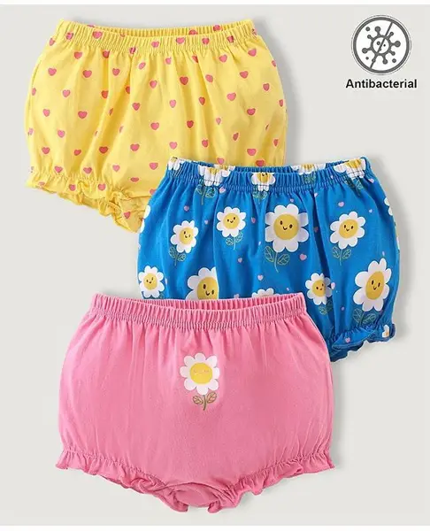 Babyhug 100% Cotton Knit Anti Bacterial Bloomers with Floral & Heart Print Pack of 3 - Multicolour