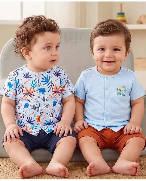 Babyoye 100% Cotton Knit With Eco Jiva Finish Half Sleeves Vests with Leaf Print Pack of 2 - Blue