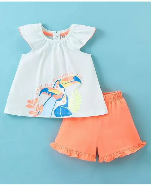 ToffyHouse Half Sleeves Top & Shorts Set With Bird Print - White & Peach