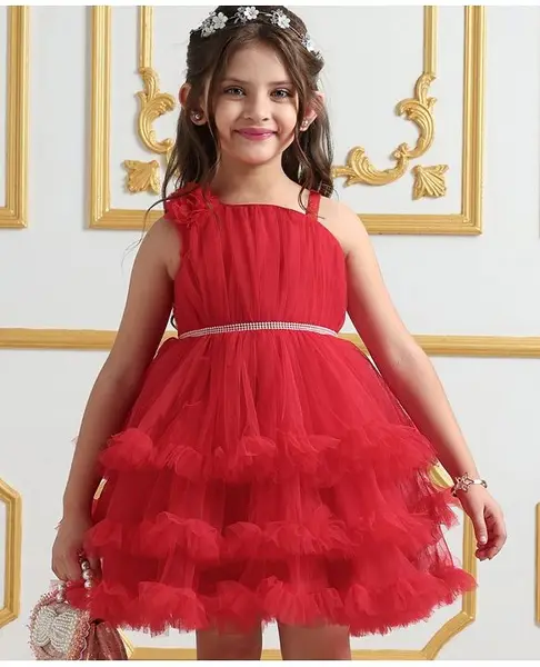 Mark & Mia Sleeveless Party Frocks With Floral Applique  - Red
