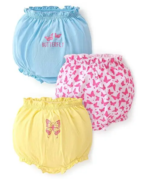 Doodle Poodle 100% Cotton Knit Bloomers with Butterfly Print Pack of 3 - White Yellow & Blue