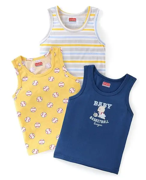 Babyhug 100% Cotton Single Jersey Sleeveless Vests Striped & Basketball Print Pack Of 3 - Multicolor