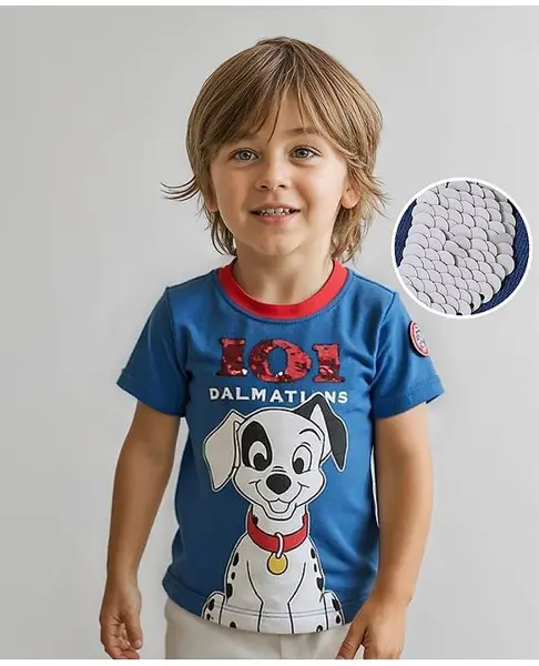 Babyhug Disney 100% Cotton Knit Half Sleeves T-Shirt with 101 Dalmatians Graphics Badge and Reversible Sequins Detailing -Navy Blue