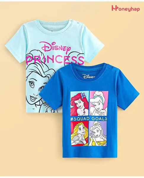 HoneyHap Disney Cotton Knit Half Sleeves T-Shirt with Disney Princess Graphics Pack of 2 - Blue