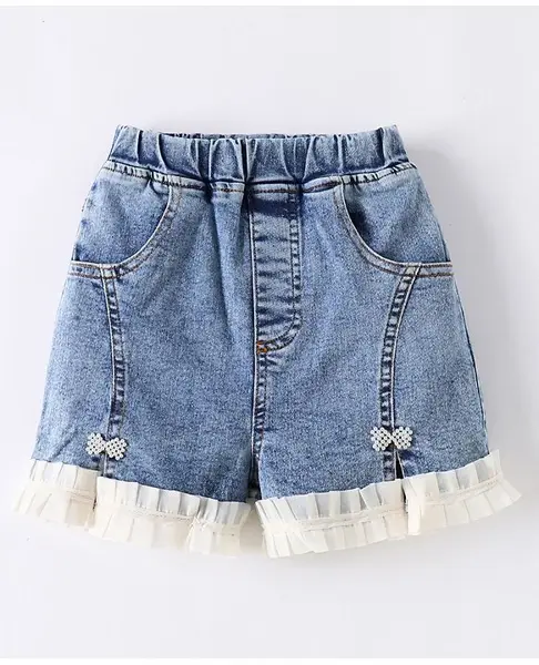 Kookie Kids Denim  Solid Shorts with Frill Detailing - Blue