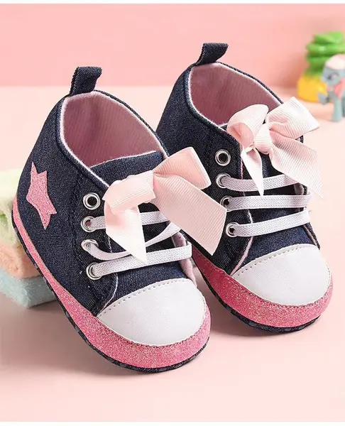 Babyoye Lace up Booties with Ribbon Applique - Navy Blue