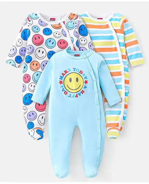 Babyhug Interlock Full Sleeve Striped Sleepsuits Smiley Print Pack of 3 - Multicolor