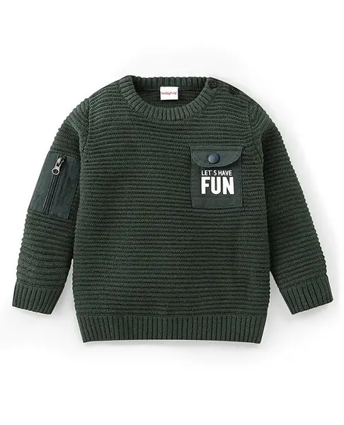 Babyhug Knitted Full Sleeves Pullover Sweater with Pocket Detailing & Text Print - Olive Green