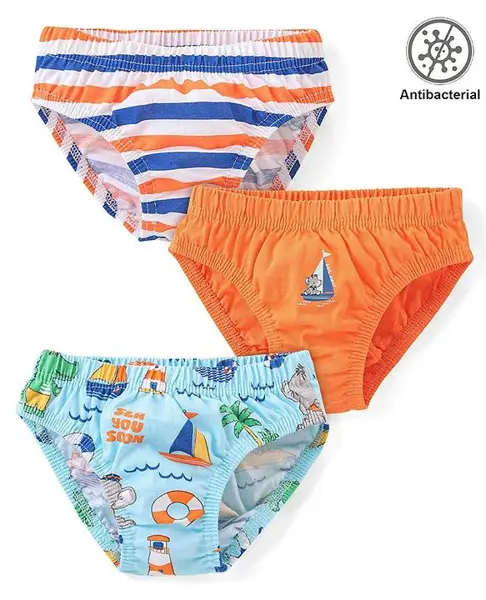Babyhug 100% Cotton Antibacterial Briefs Boat Print Pack of 3 - Blue Orange & White