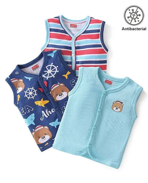 Babyhug 100% Cotton Antibacterial Sleeveless Vests Striped & Animal Print Pack of 3 - Multicolour
