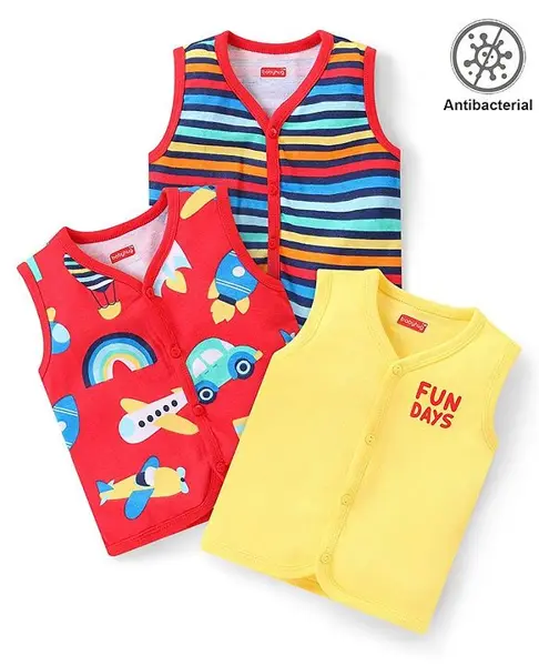 Babyhug 100% Cotton Antibacterial Sleeveless Vests Striped & Animal Print Pack of 3 - Multicolour