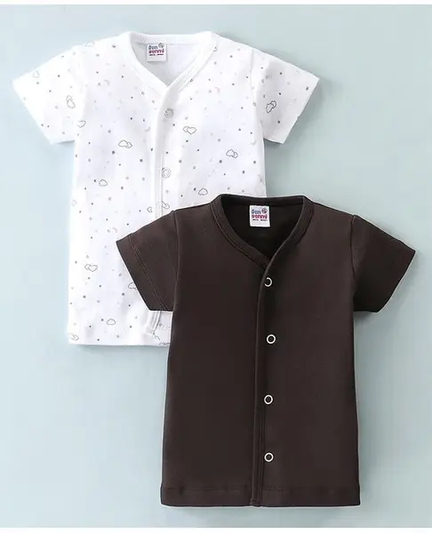 Ben Benny Cotton Knit Half Sleeves Jhablas With Clouds Print Pack Of 2 - White & Brown