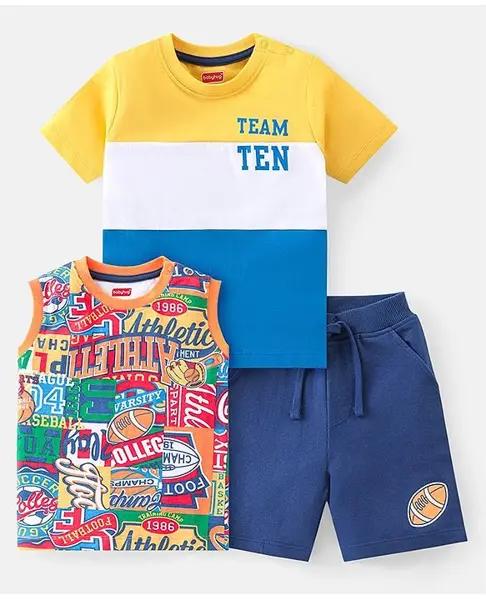 Babyhug Cotton Knit Half Sleeves T-Shirt With Inner Tee & Shorts Set With Color Block Print - Multicolor