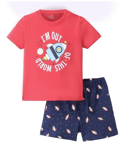 Doodle Poodle 100% Cotton Half Sleeves Night Suit Space Print - Red & Navy