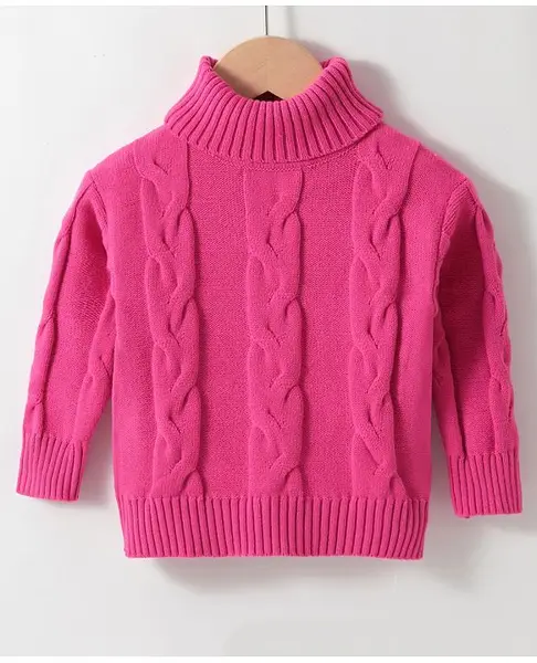 Kookie Kids Full Sleeves Turtle Neck Pullovers Sweater Cable Knit Design - Fuchsia