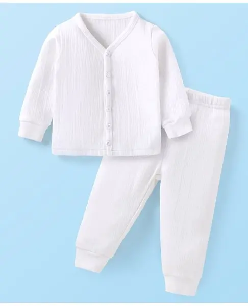 Babyhug Full Sleeves Solid Colour Front Open  Thermal Vest & Pant Set - Off White