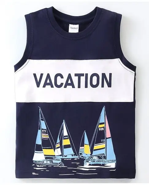 Taeko Single Jersey Sleeveless T-Shirt Vacation Print - Navy