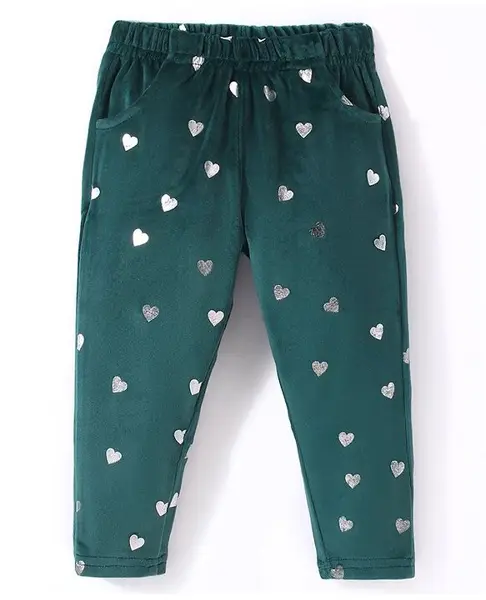 Babyhug Full Length Fleece and Woollen Lounge Pant With Hearts Design - Olive Green