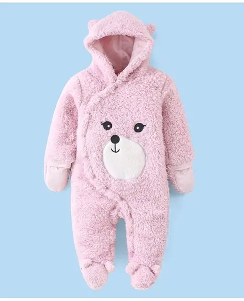 Babyhug Fur Woven Full Sleeves Winter Wear Footed Hooded  Romper with Bear Embroidery - Pink
