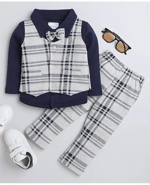 BUMZEE Full Sleeves Solid & Checked 3 Piece Suit Set - Beige & Navy Blue