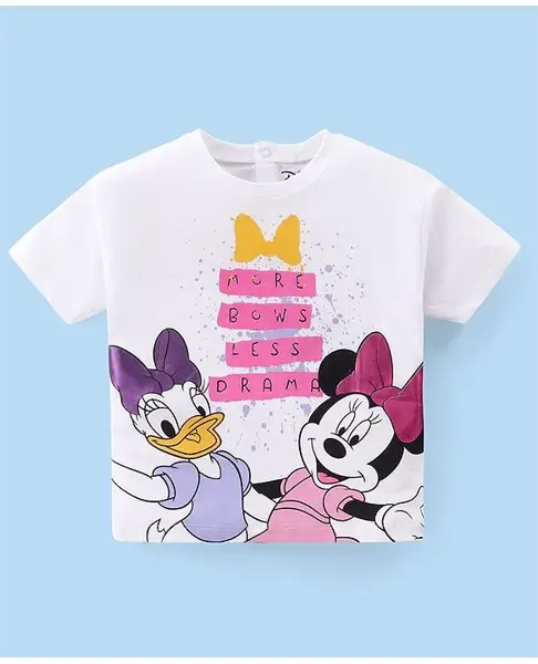 Babyhug Disney Cotton Knit Half Sleeves T-Shirt with Front & Back Minnie Mouse Graphics & Foil detailing - White