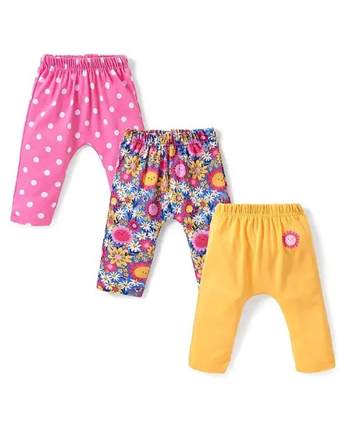 Babyhug Cotton Knit Full Length Diaper Leggings with Polka Dots & Floral Print Pack of 3 - Multicolour