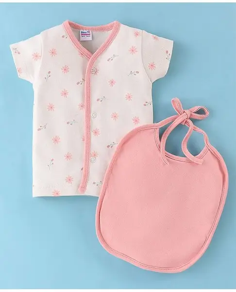 Ben Benny Interlock Knit Half Sleeves Vest with Bib Floral Print - Pink & White