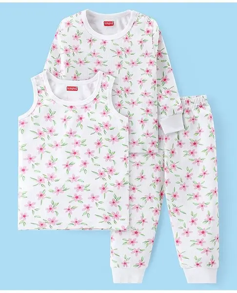 Babyhug Full Sleeves Vest Pullover & Pant Thermal Wear Combo Floral Print - Off White