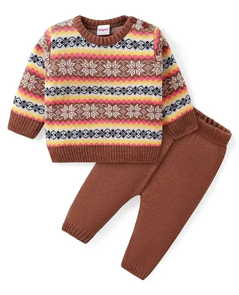 Babyhug Knitted Full Sleeves Sweater Set with Intarsia Design - Multicolour