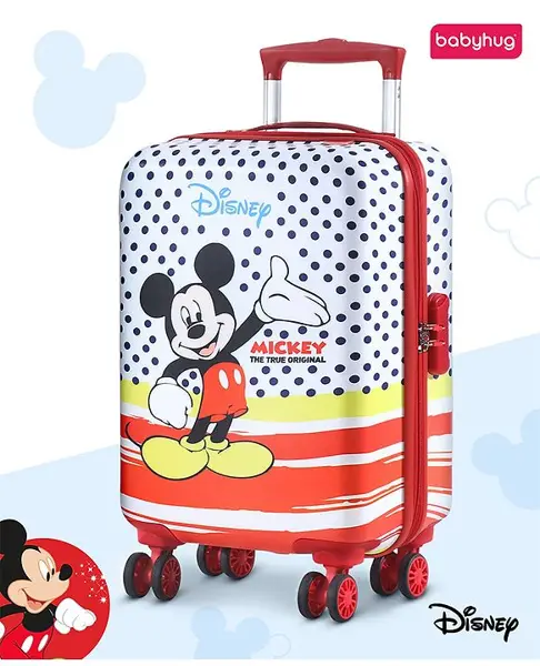 Babyhug Disney Mickey Mouse Hard Sided Kids Trolley Luggage Bag with Wheels Red- 18 Inch