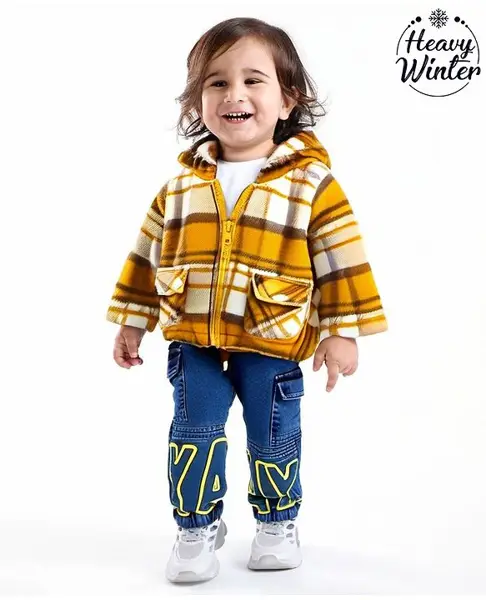 Babyoye Cotton Knit Full Raglan Sleeves Hooded Front Open Sweatjacket with Checks Design - Mustard