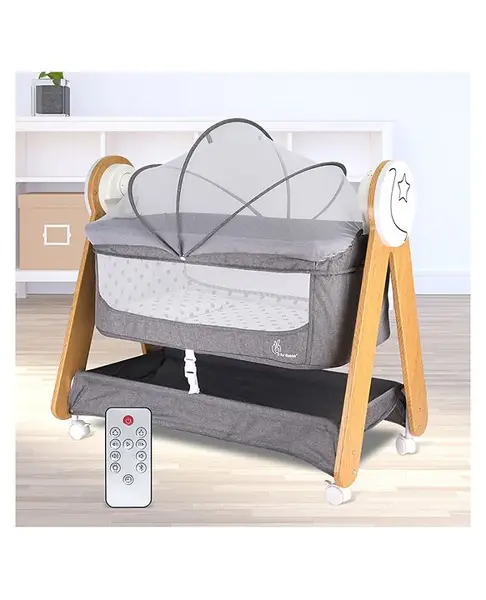 R for Rabbit Lullabies Woodsy Electric Cradle with Automatic Swing for Babies  Soothing Music  Bluetooth & Smart Timer  Lockable Wheels & Mattress for 0-12 Months Infants (Grey)