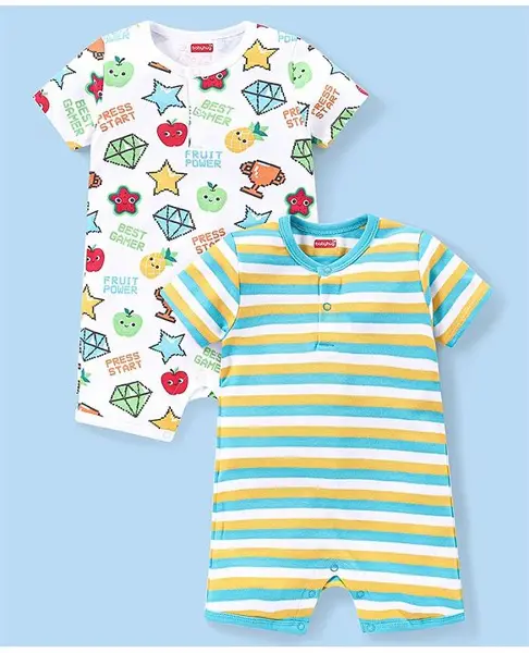Babyhug 100% Cotton Knit Half Sleeves Romper Stripes & Diamond Print Pack of 2 - White Green & Yellow
