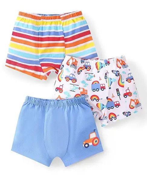 Babyhug 100% Cotton Above Knee Length Trunks Vehicle Print Pack of 3 - Multicolour