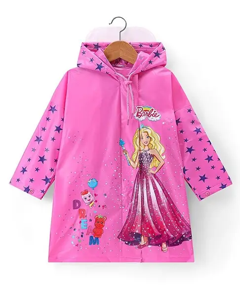 Babyhug Full Sleeves Below Knee Length Raincoat Barbie Print - Pink