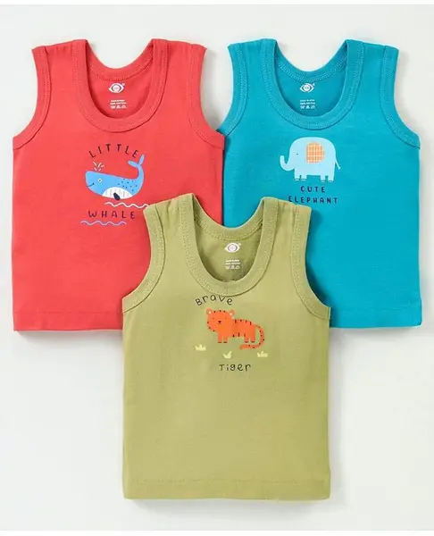 Zero Sinker Knit Sleeveless Set Of Vests Elephant & Whale Print  Pack of 3 - Multicolour