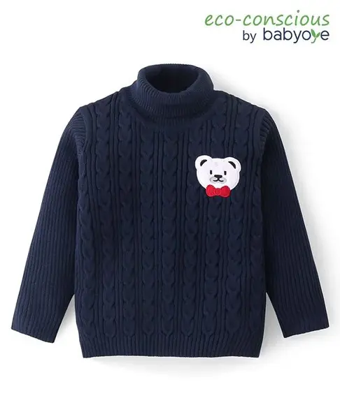 Babyoye  100% Cotton Full Sleeves Turtle Neck Solid Dyed T-Shirt with Bear Embroidery - Black